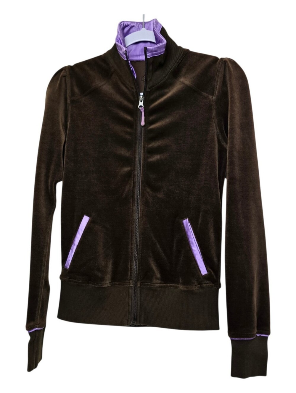 Lululemon Brown Velour Zip-Up Jacket with Lavender Satin Trim Y2K Luxe Casual
